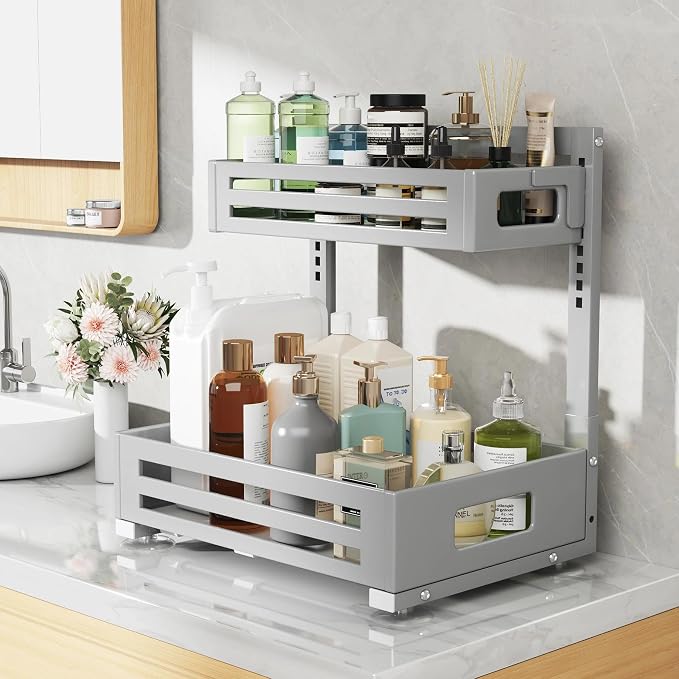 2 Pack Under Sink Organizer,Pull Out Cabinet Organizer With Smooth Cylindrical Rail,Metal Slide Out Drawer for Kitchen Bathroom Laundry Cabinet,8-Level Tool Free Height Adjustable-Gun Gray