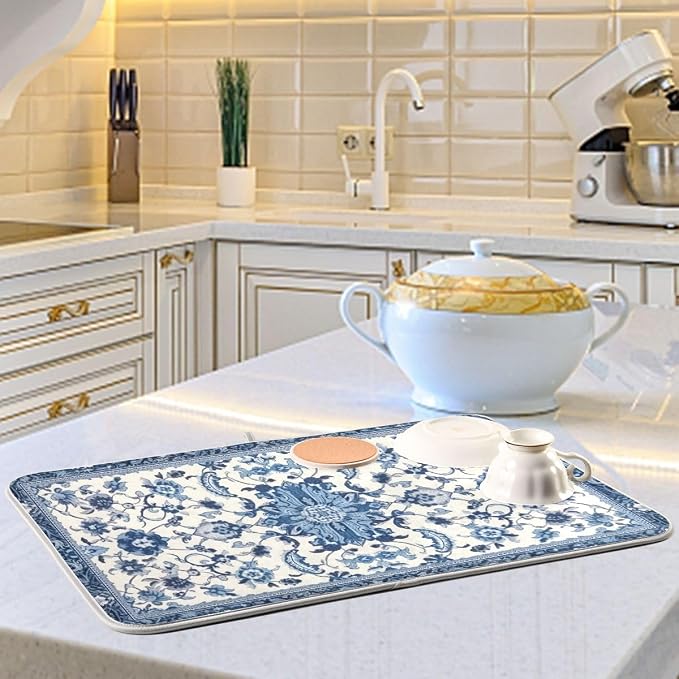 Dish Drying Mat Kitchen Counter Absorbent Blue and White Pattern Coffee Sink Mat Dish Drainer Pad 18 Inch x 24 Inch