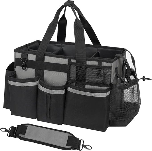 SCAVATA Wearable Cleaning Caddy, Cleaning Caddy Supplies Organizer with Handle & Shoulder Straps for Housekeepers, Under Sink & Car Cleaning Tool Organizers Bag with 4 Foldable Divider (MediumGrey)