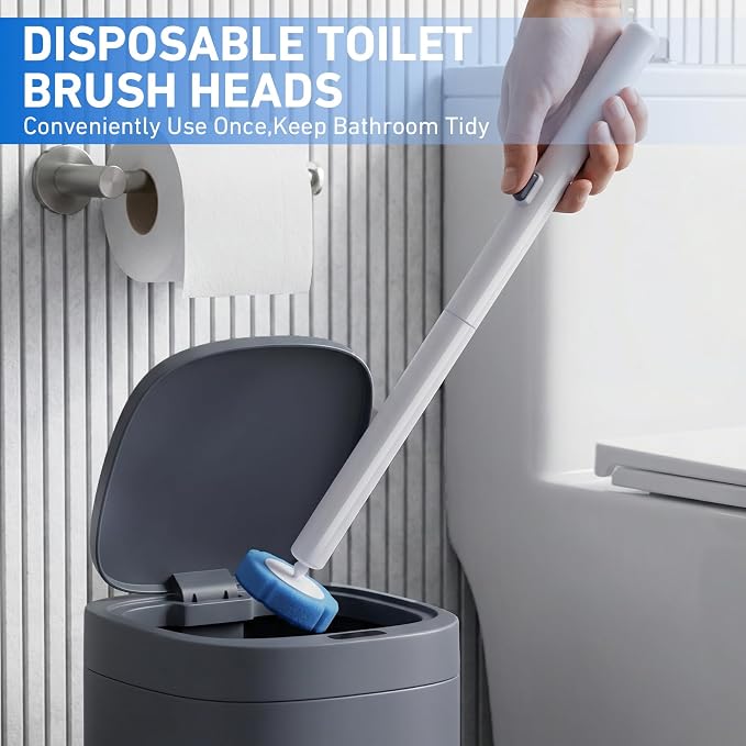 Disposable Toilet Brush 2 Pack- Toilet Bowl Cleaner, Toilet Bowl Brush, Each Toilet Wand with 10PCS Brush Refills for Bathroom Deep Cleaning Long Round Shape (2 Pack, White)