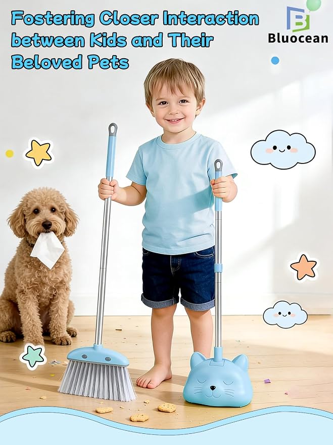 28'' Kids Mini Broom with Dustpan & Mop Set - Toddler Cleaning Toy, Toddler Household Helper, Parent-Child Interactive Play Cleaning Tool, Cute Cartoon Design, Small Safe Corner Broom (Blue)