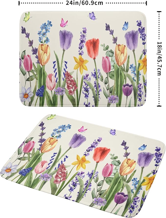 Spring Summer Floral Dish Drying Mat for Kitchen Counter 18x24 Inch Spring Flowers Dish Drainer Rack Mats Absorbent Kitchen Drying Mat Botanical Floral Drainer Rack Mats for Kitchen Countertop Decor