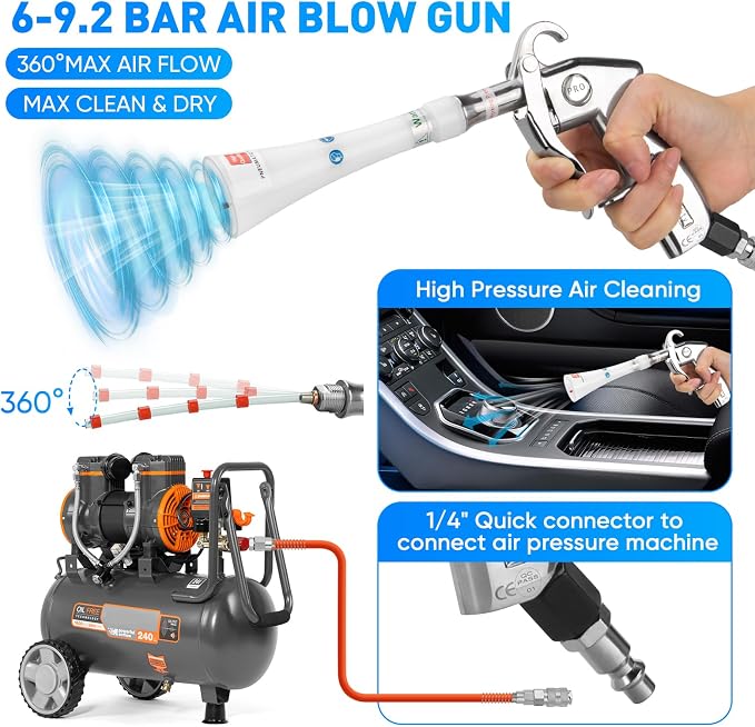 Aluminium Car Cleaning Gun with Tapered Nozzle, 6-9.2Bar with 2 Set Nozzle | Pressure Air Blower Blow Gun Producing Powerful Blast of Air for Cleaning Cars, Velvet, Furniture and Carpets