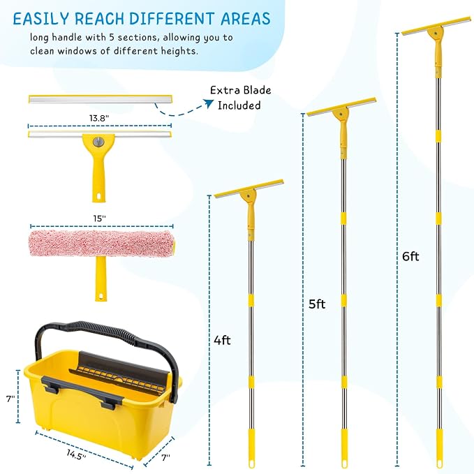 Professional Window Cleaning Kit with 3 Gallon Bucket, 6 Ft Long Handle Glasses Cleaner Squeegee with Spray Bottle and Scrubber for Home and Commercial Use, Car Windshield Washing Tool, Yellow