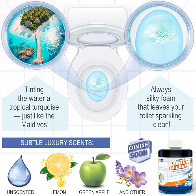 eHouse Refill bottle for Automatic Toilet Bowl Cleaner with antibacterial and cleaning properties, rich foam, and a pleasant Lemon fragrance (bottle only, no device included).