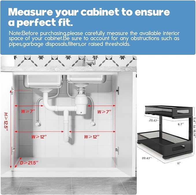 2 Pack 20.47IN Depth Under Sink Storage Organizer, Large 2-Tier Elegant Mesh Pull Out Shelf for Kitchen and Bathroom Cabinet Organization, L-Shaped and Adjustable Height Design-Black