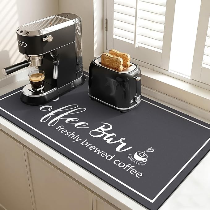 Findosom Dish Drying Mat, 17"x 32" Super Absorbent & Hide Stain Coffee Mat, Cuttable Drying Mat for Kitchen Counter, Coffee Bar Accessories, Under Dish Rack, Coffee Maker, Espresso Machine, DarkGrey