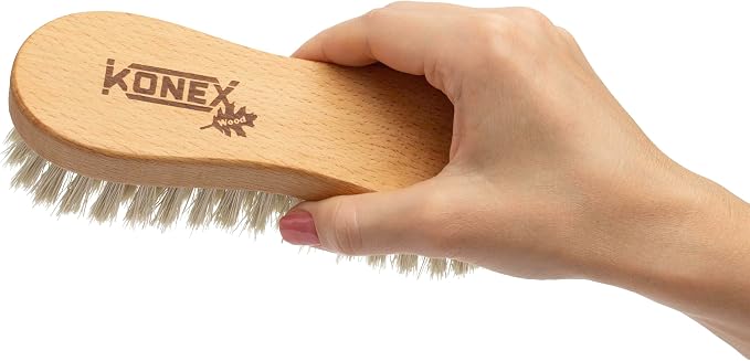 KONEX Medium-Stiffness Nylon Fiber Scrub Brush - Heavy Duty Cleaning Brush, Wooden Handle, Brown, Ideal for Hardwood Floor, Outdoor Surfaces, Carpet