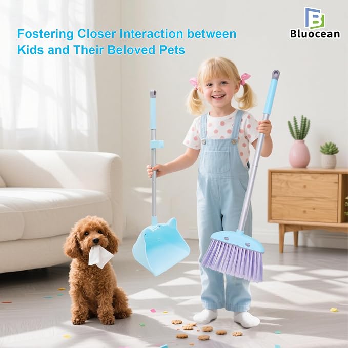 28'' Kids Mini Broom and Dustpan Set - Toddler Cleaning Toy, Toddler Household Helper, Parent-Child Interactive Play Cleaning Tool, Cute Cartoon Design, Small Safe Corner Broom (Blue)