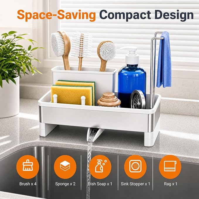 Laveshop Sponge Holder for Kitchen Sink, Rustproof Stainless Steel Sink Caddy with Auto-Drain, Removable Brush Holders, Soap and Dishcloth Organizer, White