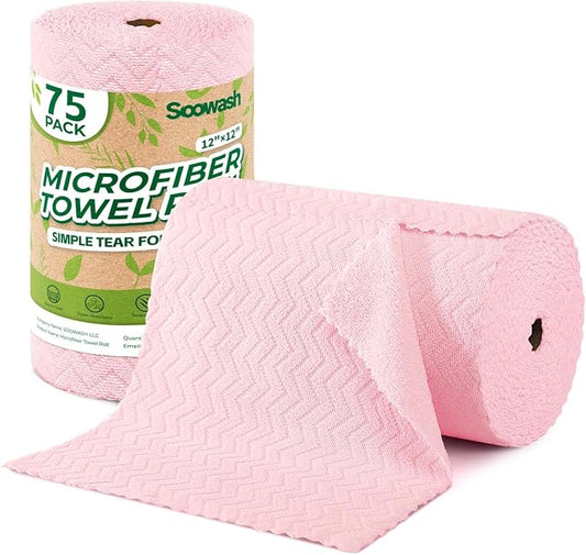 Microfiber Cleaning Cloths Roll, 75 Pack Tear Away Microfiber Towels Roll, 12" x 12" Lint Free Rags, Reusable Cleaning Cloths, Washable, Scratch Free,Ultra Absorbent Dish Rags(Pink Ripple)