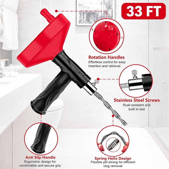 Drain Snake Auger, 33 Feet Plumbing Snake Drain Hair Clog Removal Tool, Heavy Duty Snake Auger, Sink Unclogger Drain Cleaner Tool for Bathroom Kitchen Tub Shower Drain Clog Remover with Gloves, Red