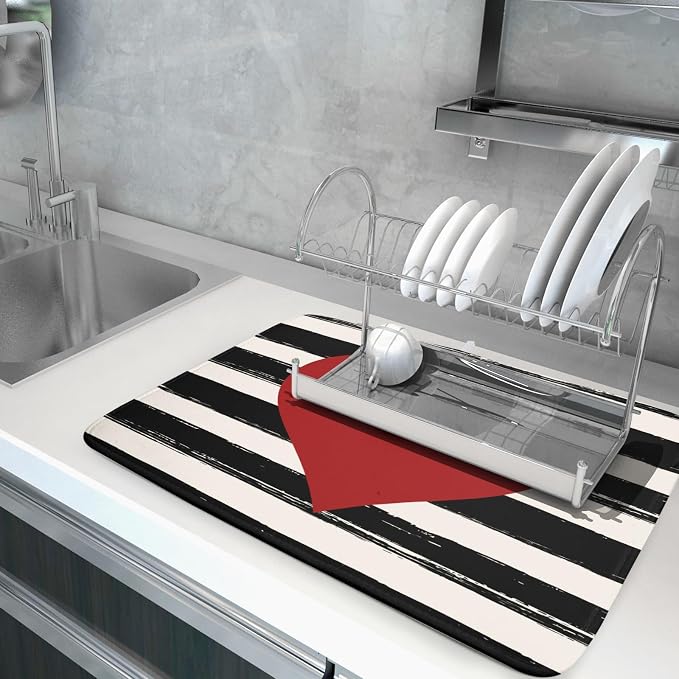 Valentine's Day Dish Drying Mat for Kitchen Counter Black Plaid Heart Microfiber Absorbent Dish Draining Reusable Washable Foldable Extra Large 18"x24"