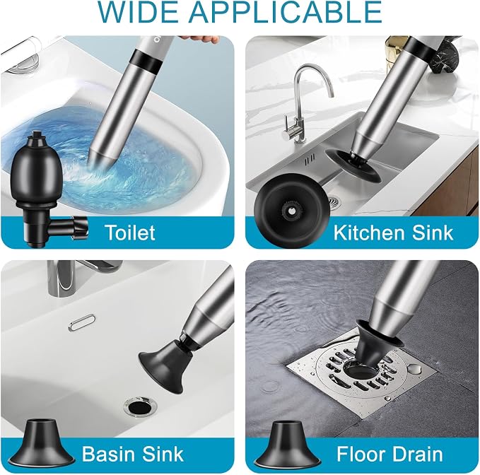 Toilet Plunger Drain Clog Remover: High Pressure Air Drainage Blaster Clog Remover Tool- Stainless Steel Gray Air Plunger for Bathroom, Sink, Floor, Kitchen Clogged