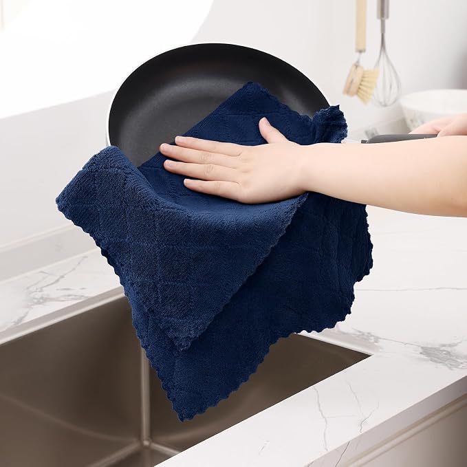 Homaxy 12 Pack Dish Towels for Kitchen (13 x 19 Inches, Navy Blue), Super Soft and Absorbent Coral Velvet Dish Cloths for Washing Dishes, Nonstick Oil Fast Drying Microfiber Cleaning Cloth
