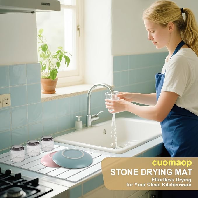 cuomaop Stone Dish Drying Mat for Kitchen Counter, 23x15.3 Inch Large Fast-Absorbing Diatomaceous Earth Drying Pad, Quick Dry Foldable Stone Dish Mats for Countertop Dishes, Bottles, Cups and Utensils