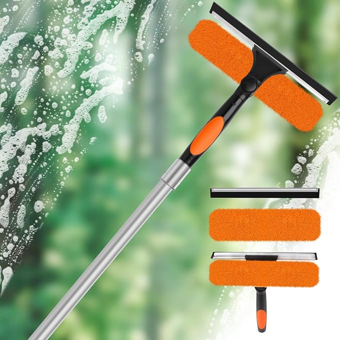 30FT High Window Cleaning Kit with Pole,Professional Window Clean Pole Kit | 2 in 1 Window Squeegee for Window Clean,5-24FT Window Wash Kit Include Replacement,180°Rotatable Squeegee for Indoor/Outdoor