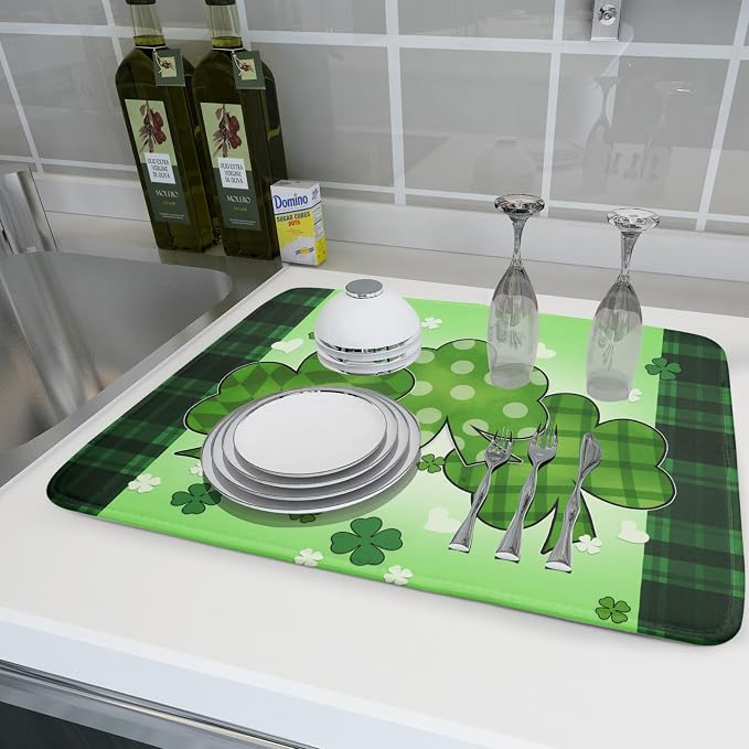 St Patricks Day Shamrocks Lucky Clovers Dish Drying Mat for Kitchen Counter St Patrick's Day Decorative Drying Pad 18x24 Inch Irish Green Buffalo Check Plaid Drying Dish Mats for Countertop Coffee Bar