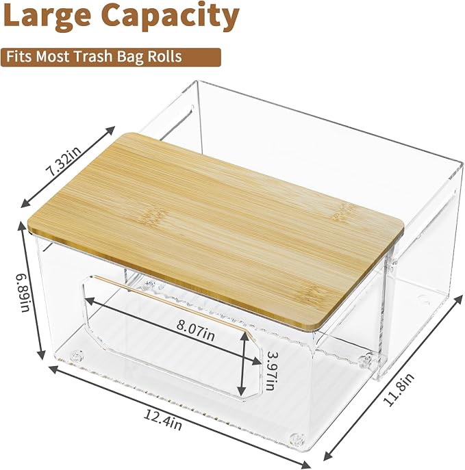 Trash Bag Holder 2-in-1 Under Sink Organizer, Acrylic Trash Bag Dispenser with Bamboo Lid and Pull-Out Basket for Cleaning Supplies, Space Saving Garbage Bag Holder for Kitchen Laundry Room Storage