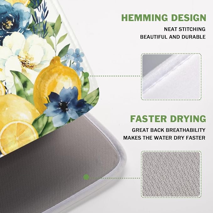 Blue Floral Camellia Lemon Dish Drying Mat 16x18 Inch | Polyester，Absorbent Microfiber，for Kitchen Coffee Dining Bar Decor