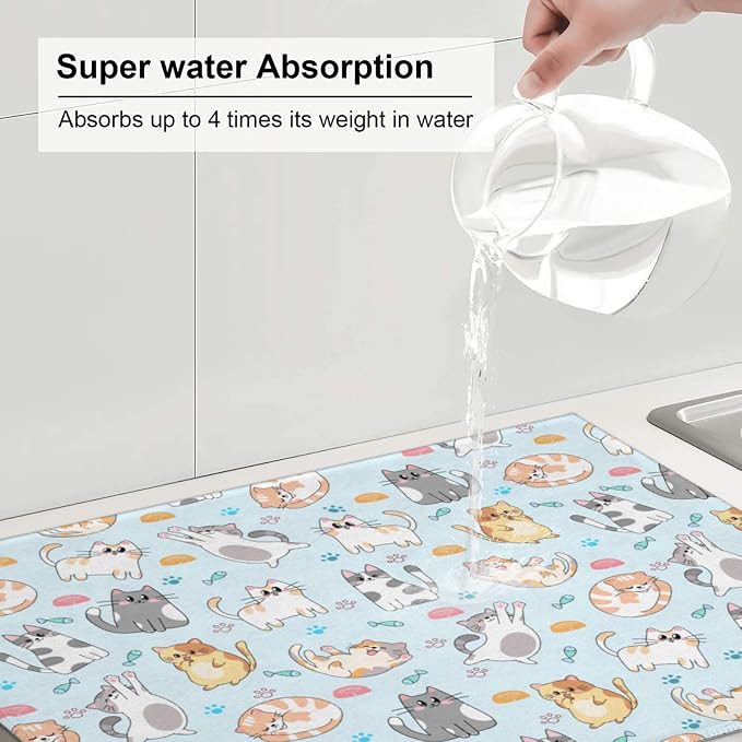 Cute Cat Dish Drying Mat for Kitchen Counter Cute Kitchen Dish Mat Microfiber Kitchen Countertop Absorbent Reversible Drainer Rack Pad