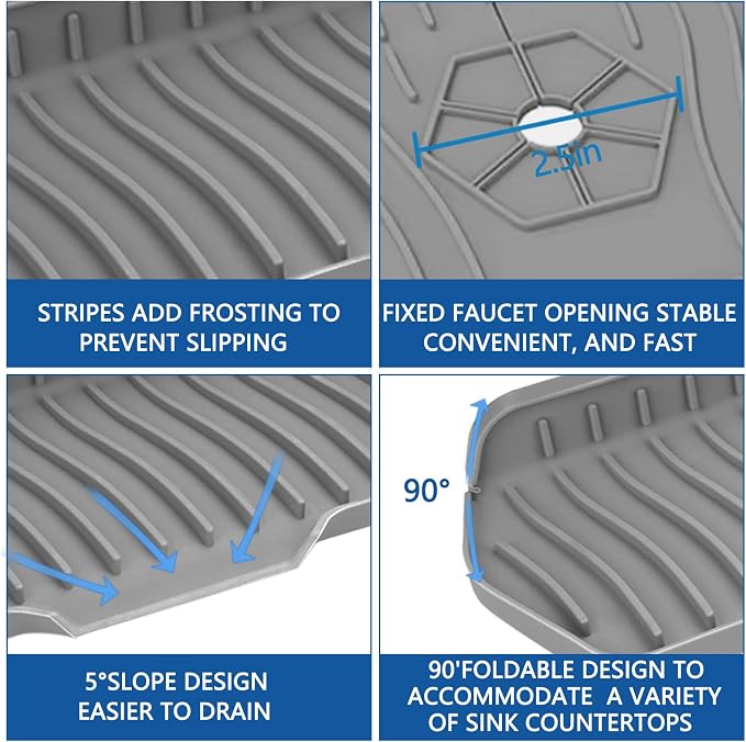 Kitchen Sink Splash Guard Gen2-30" x 6'' Silicone Sink Mat Splash Guard fit for Countertop, Bathroom,Farmhouse,RV by EBIGIC (Grey)
