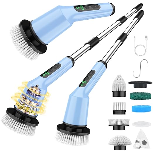 Shower Scrubber with Long Handle, Shower Cleaner Brush with 8 Brush Heads, Cordless Electric Spin Scrubber for Cleaning with 2 Speed, Cleaning Supplies for Bathroom Bathtub Kitchen Floor Tile Toilet