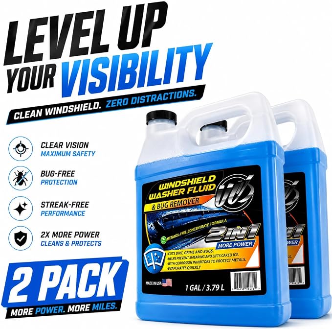 UCS 2-in-1 Windshield Washer Fluid 2-Pack (1 Gallon Each, 256 fl oz Total) – Ready to Use, Streak-Free Formula, All-Weather Cleaning, Removes Bugs, Dirt & Road Grime – Premium Windshield Cleaner