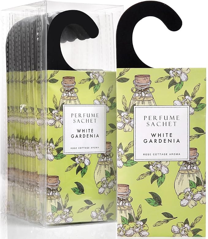 Large 12 Packs White Gardenia Hanging Scented Sachets Long-Lasting Closet Deodorizer Air Freshener Fabric Refresher Odor Eliminator for Drawer Home Fragrance Gift Set