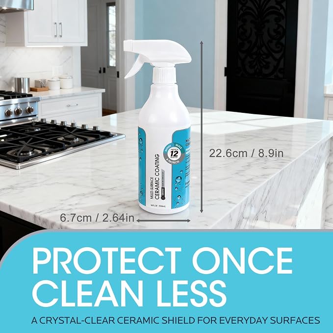 Ceramic Coating Spray Kit for Home: Long-Lasting Stain and Water-Spot Repellent for Kitchen Bath Surfaces - Repel Fingerprints Bathroom Cleaner Safe for Stainless Steel Glass Tile (500ml)