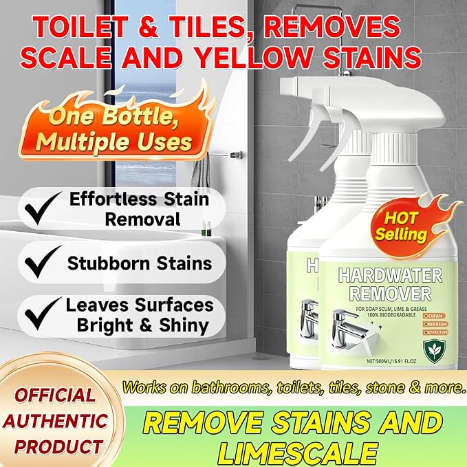 Hard Water Stain Remover, Shower Glass Cleaner Soap Scum Remover, Limescale Buildup Remover All-Purpose Bathroom Cleaner, for Glass, Shower Doors, Tiles, Toilet, Tub, Sink & Water Pipes (1PC)