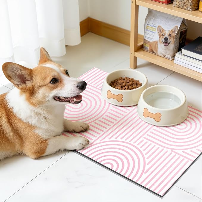 Findosom Dish Drying Mat, 12" x 20" Super Absorbent Dish Mat with Modern Geometric Striped, Hide Stain Drying Mat for Kitchen Counter, Under Dish Rack, Coffee Maker, Espresso Machine, Pink & White