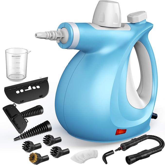 Phueut Pressurized Handheld Multi-Surface Natural Steam Cleaner with 12 pcs Accessories, Multi-Purpose Steamer for Home Use, Steamer for Cleaning Floor, Upholstery, Grout and Car (Blue)
