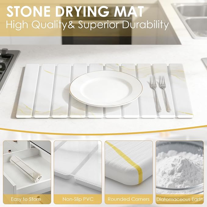 4-Piece Large Stone Dish Drying Mat for Kitchen Counter, 24"x16" Super Absorbent Diatomaceous Earth Drying Mat Set with Faucet Mat & Small Utility Mat, Rollable Quick Dry Pad for Dishes, Cups, Bottles