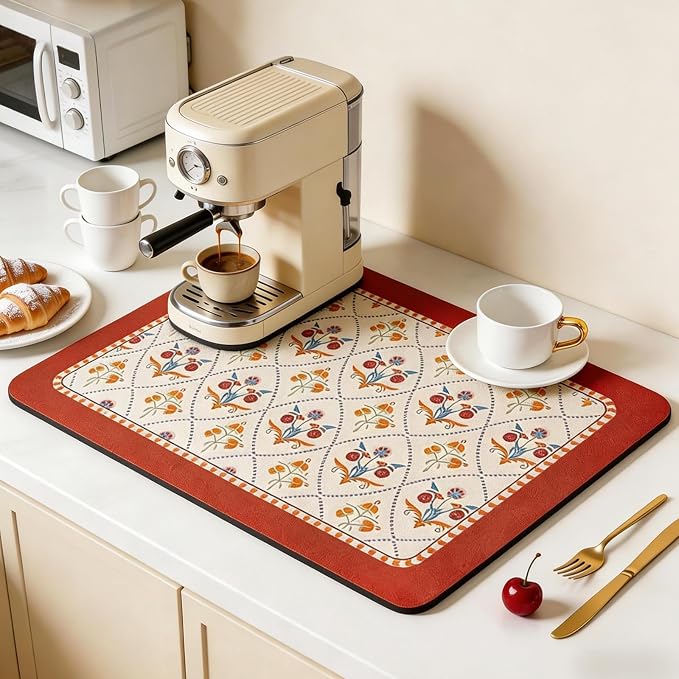 Drying Mat for Kitchen Counter, 20"x16" Coffee Mat Dish Drying Mat | Good water absorption, multiple pattern, anti-slip, easy to clean, coffee bar accessories, bathroom counters, durable
