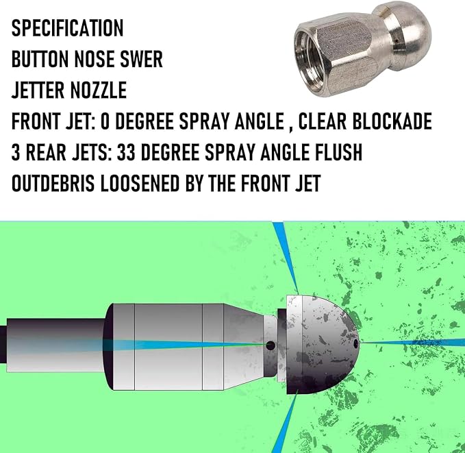 Hourleey Sewer Jetter Kit for Pressure Washer 200FT, 4000 PSI Drain Cleaner Hose 1/4 Inch NPT, Corner Rotating and Button Hose Sewer Jetting Nozzle Pearl Corsage Pin Tape Handle Strap Spanner, Green