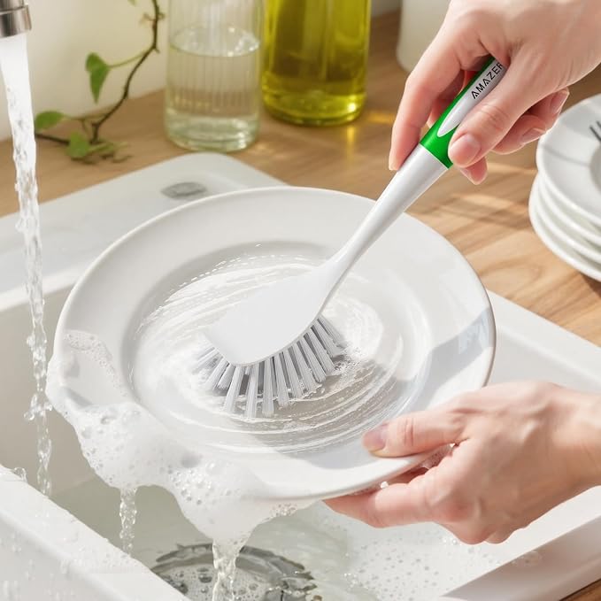 Amazer Dish Brush with Handle, 2 Pack Kitchen Scrub Brushes with Built-in Scraper for Cleaning, Dish Scrubber with Stiff Bristles for Sink, Pots, Pans (Green+Green)