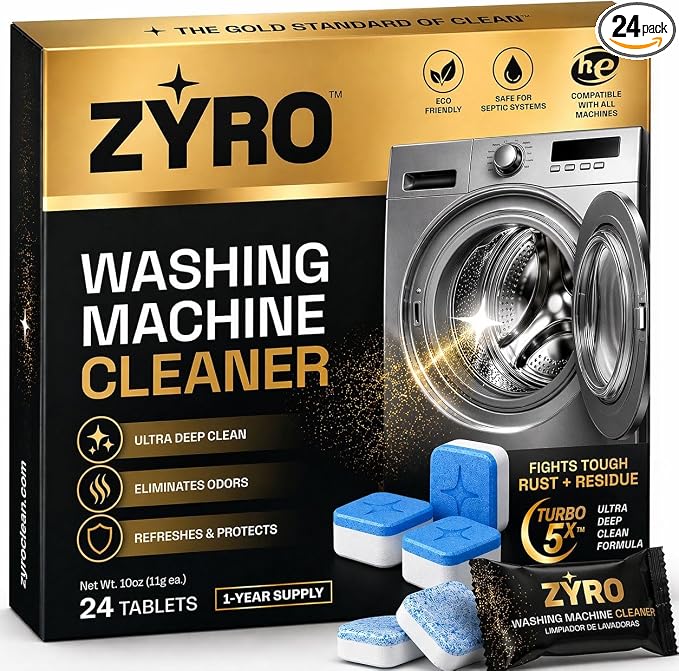 Zyro Washing Machine Cleaner Tablets – 24 Pack | Deep Cleaning Washer Cleaner & Descaler | Cleans Drum, Tub Seal & Gasket | HE Front Load & Top Load Washer | 1 Year Supply