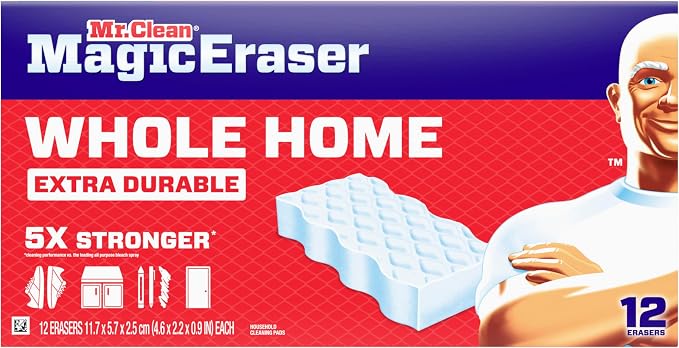 Mr. Clean Magic Eraser Sponge, All Purpose Cleaner, Cleaning Scrubber, Wall, Sneaker, Kitchen, Bathroom, Shower Cleaning Supplies, Melamine Sponge, Cleaning Pads, Whole Home Extra Durable, 12ct
