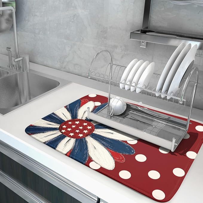 Patriotic Dish Drying Mat 18x24 In Red and Blue Daisy Microfiber Kitchen Draining Mat for Countertops
