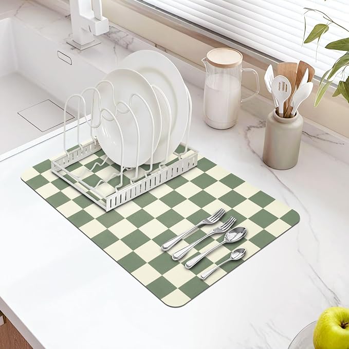 Dish Drying Mat for Kitchen Counter,11.8"x 18.9" Super Absorbent Kitchen Dish Drying Pad, Coffee Bar Mat with Rubber Backed, Coffee Bar Accessories for Countertop,Green Checkered