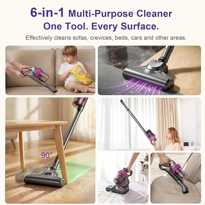 Cordless Stick Vacuum Cleaner, 6-in-1 Lightweight Handheld Vacuum, Built-in Mattress Vacuum Cleaner, 3-Speed Suction, Powerful Multi-purpose Cleaner for Hardwood Floors, Carpet, Pet Hair, Car Cleaning
