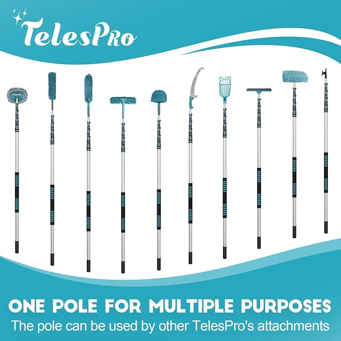 TelesPro 30 Feet High Reach Window Squeegee with 6-24 Ft Extension Pole, Window Cleaner Tool with 5-Stage Telescoping Pole, Window Cleaning Kit with Rotatable Head (2 Squeegee & 2 Microfibre Cloths)