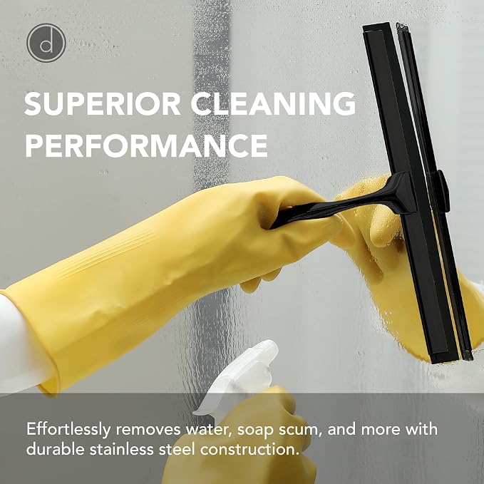 Metal Squeegee – Stainless Steel Window & Shower Cleaner | Soft silicone blade removes water & soap on shower doors, car windshields & glass – includes hook, Black