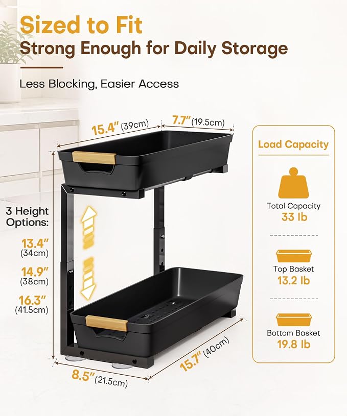 Homde Sliding Under Sink Organizer: 2 Pack 2-Tier Cabinet Shelf with Upper & Lower Pull-Out Baskets - C-Shaped 3 Adjustable Heights for Kitchen Bathroom