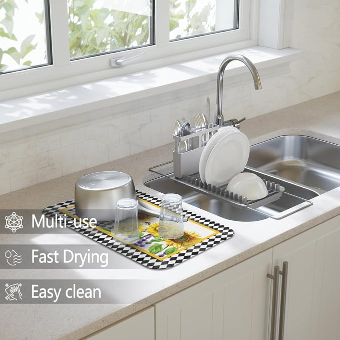 Dish Drying Mat 2-Pack in Sunflower Bee for Kitchen Counter Dishes Mat | Diatom Mud Mats (18x24, 19.5x12"). Non-slip rubber back for kitchen counter, coffee bar & sink scenes