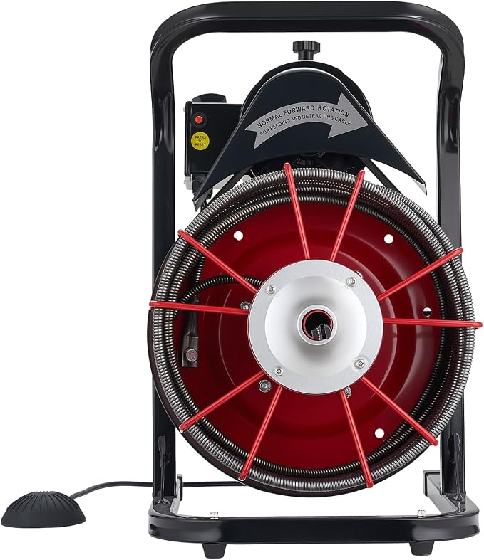 VEVOR 50FT x 1/2 Inch Drain Cleaning Machine, 250W Electric Drain Auger, Portable Sewer Snake Auger Cleaner with Cutters & Air-Activated Foot Switch for 1" to 4" Pipes, Black, Red