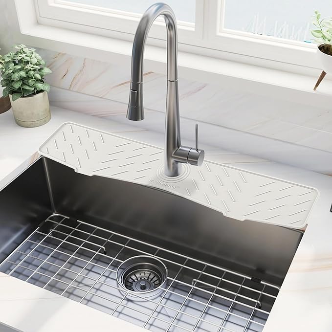 Faucet Mat for Kitchen Sink – 24” x 5.1” Extra-Long Silicone Splash Guard with 10° Slope & Upgraded Drainage – Gen 3 Sink Water Catcher & Sponge Holder for Kitchen, Bathroom (White)