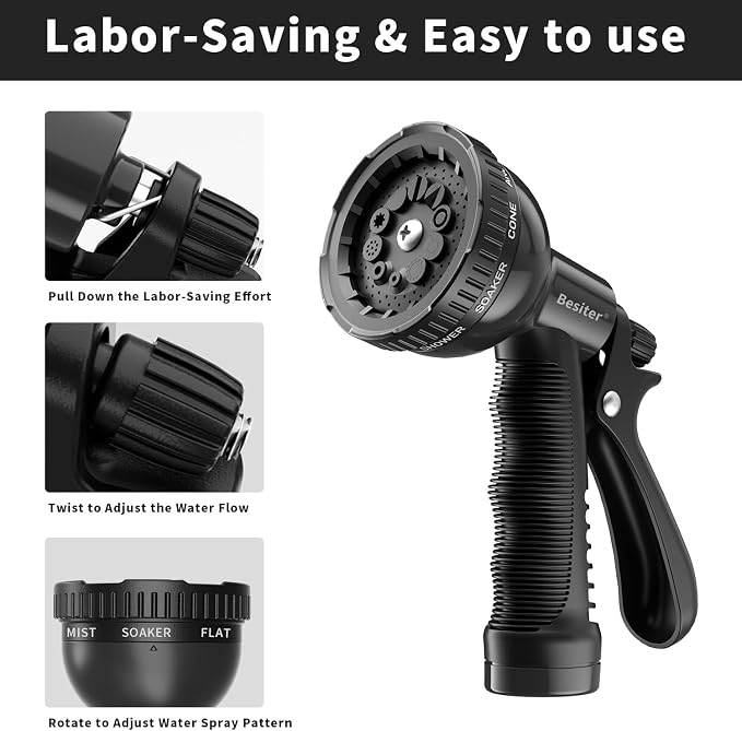 Besiter Garden Hose Nozzle Sprayer: 10 Watering Patterns Spray Nozzles Heavy Duty Hose Head Hose Attachment
