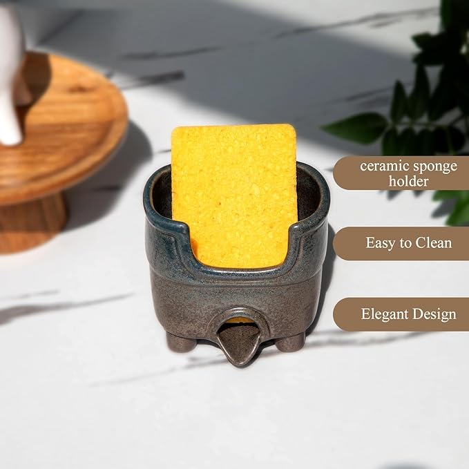 Ceramic Sponge Holder with Drainage, Farmhouse Sink Caddy Organizer, Self Draining Design for Sponges, Soap, Brushes, Compact Rustic Kitchen Accessory, Keeps Counter Dry, Country Blue